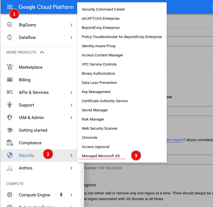 Cloud Console menu flow for Managed Microsoft AD